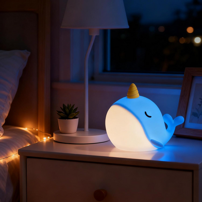 Luz nocturna infantil narval de silicona 7 colores táctil y recargable