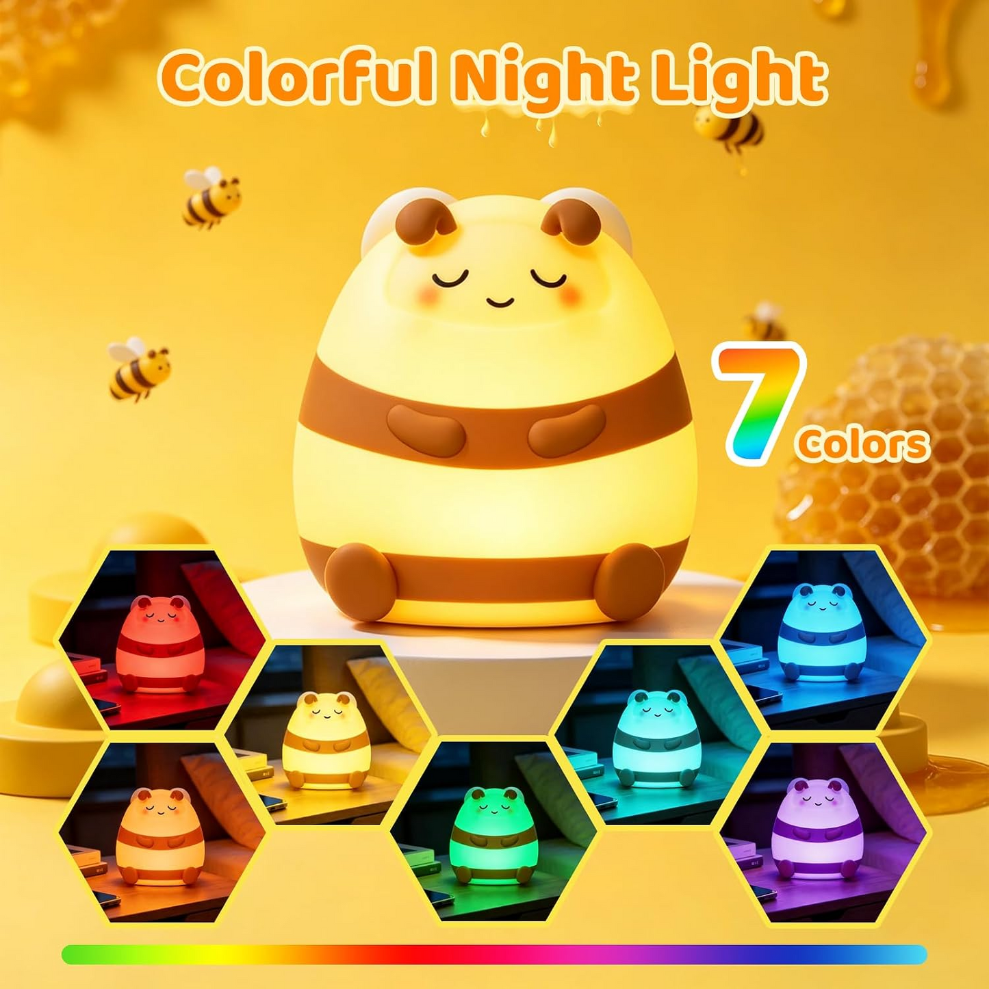 Luz nocturna infantil abeja de silicona 7 colores táctil y recargable USB-C