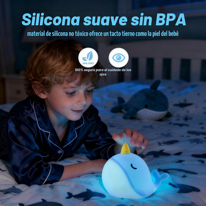 Luz nocturna infantil narval de silicona 7 colores táctil y recargable