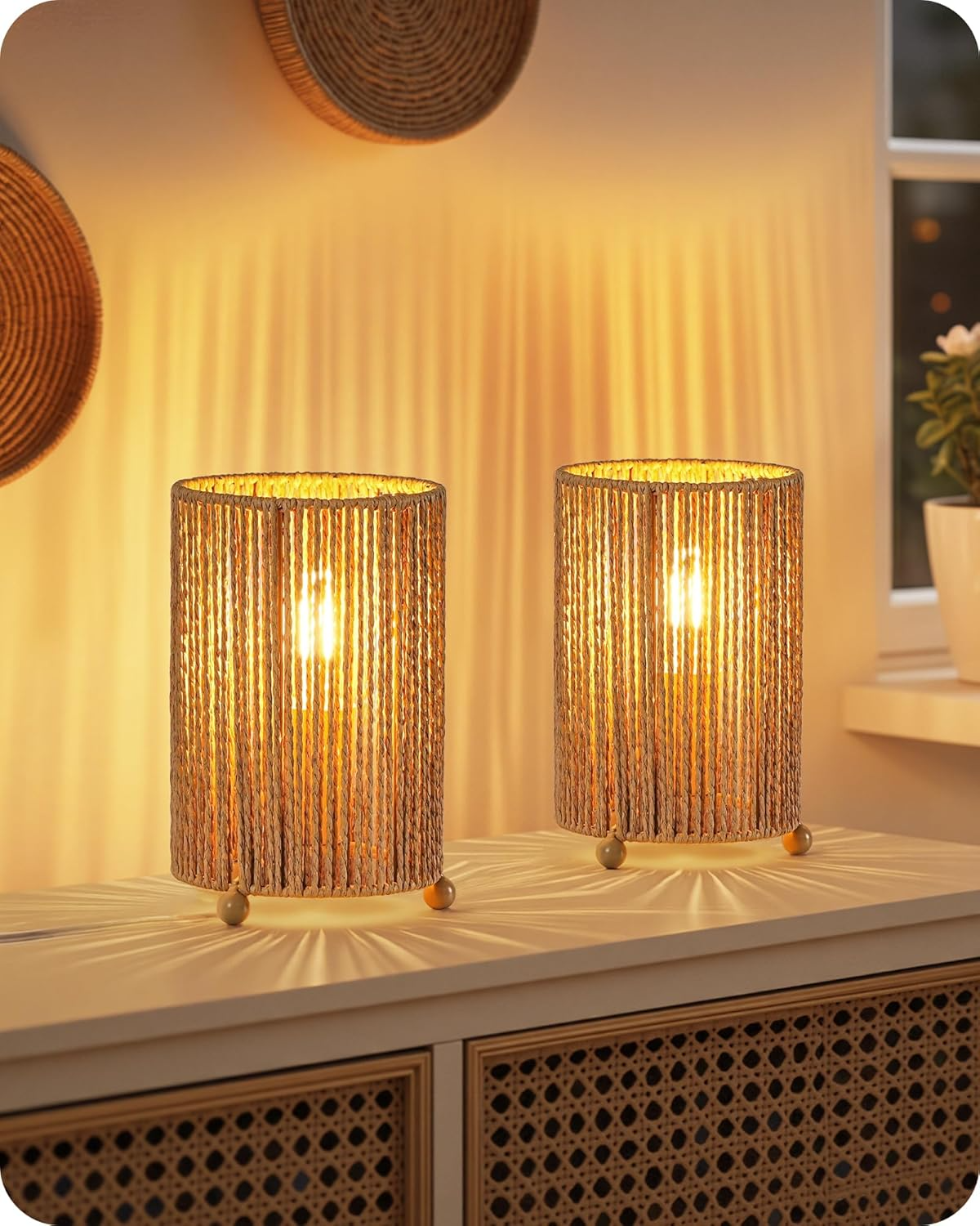 Set de 2 lámparas de mesilla boho rattan natural con pantalla negra y bombilla LED incluida