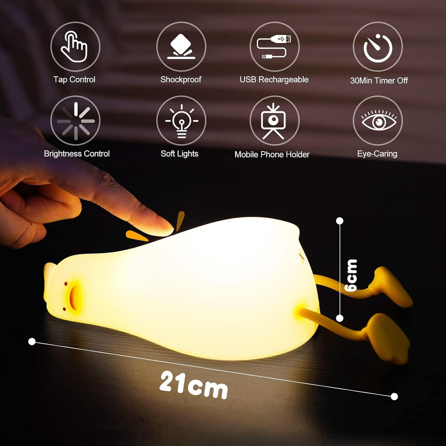 Luz nocturna infantil de silicona con forma de pato – Recargable, regulable y con temporizador