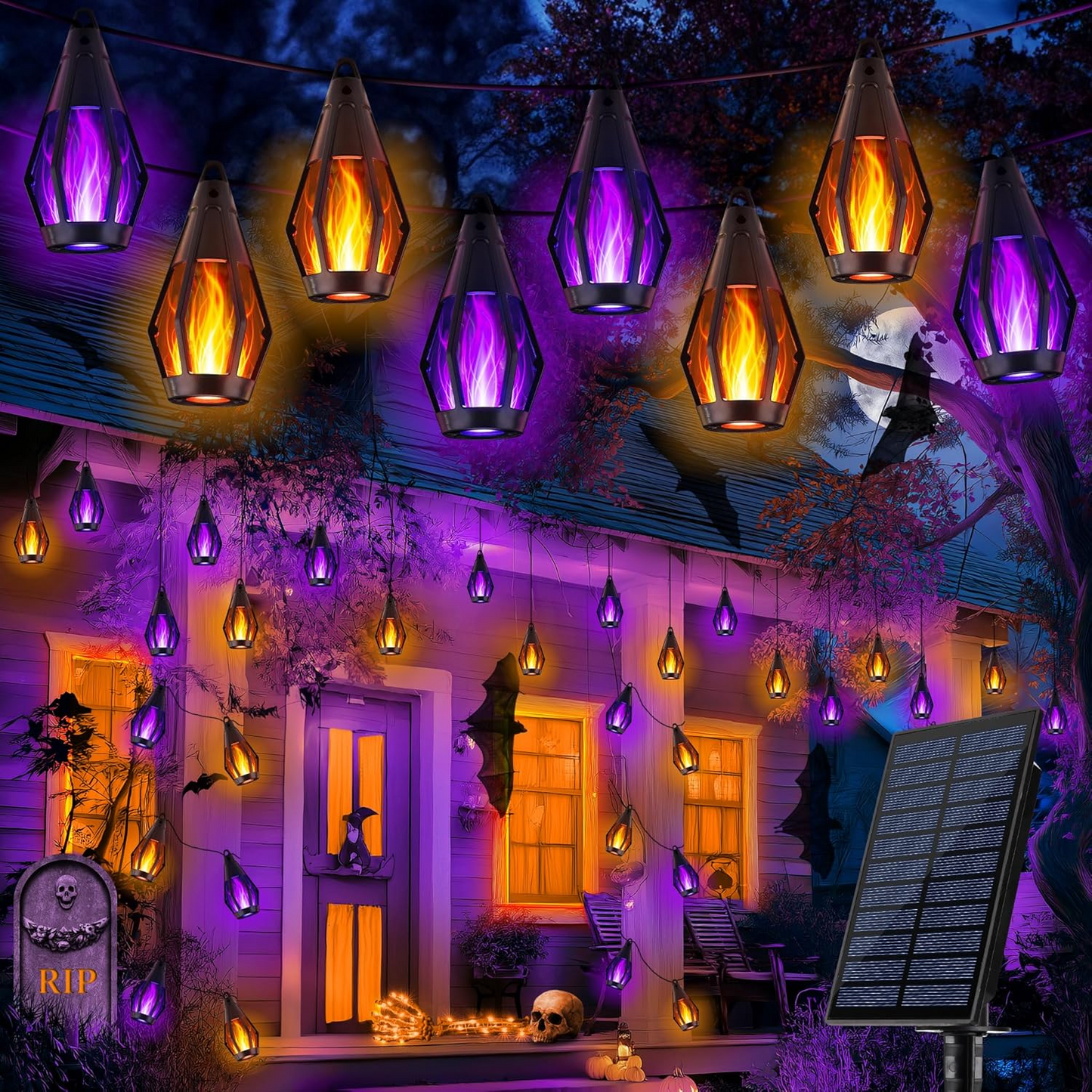 Guirnalda solar LED Halloween con efecto llama – 12,3 m impermeable exterior