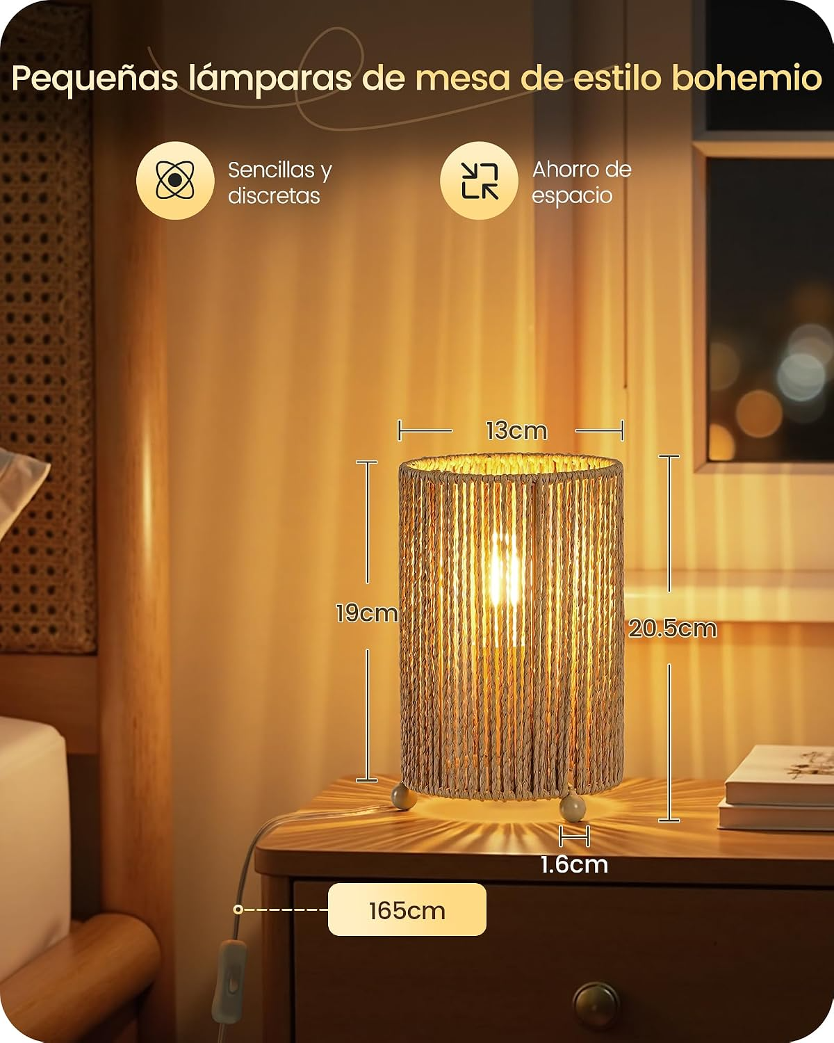 Set de 2 lámparas de mesilla boho rattan natural con pantalla negra y bombilla LED incluida