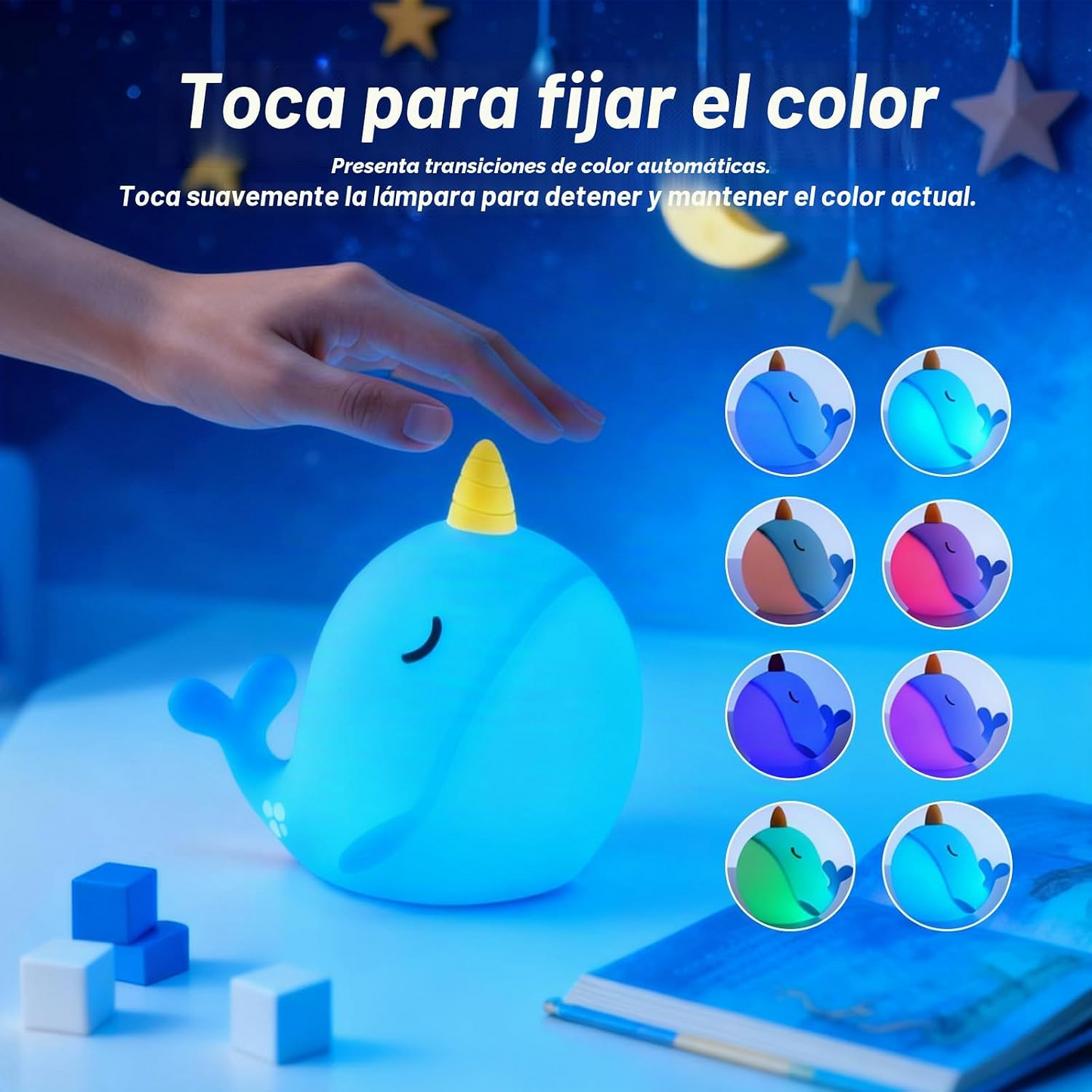 Luz nocturna infantil narval de silicona 7 colores táctil y recargable