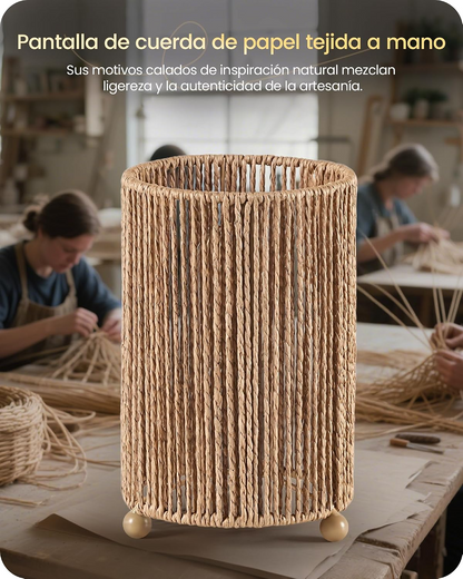 Set de 2 lámparas de mesilla boho rattan natural con pantalla negra y bombilla LED incluida