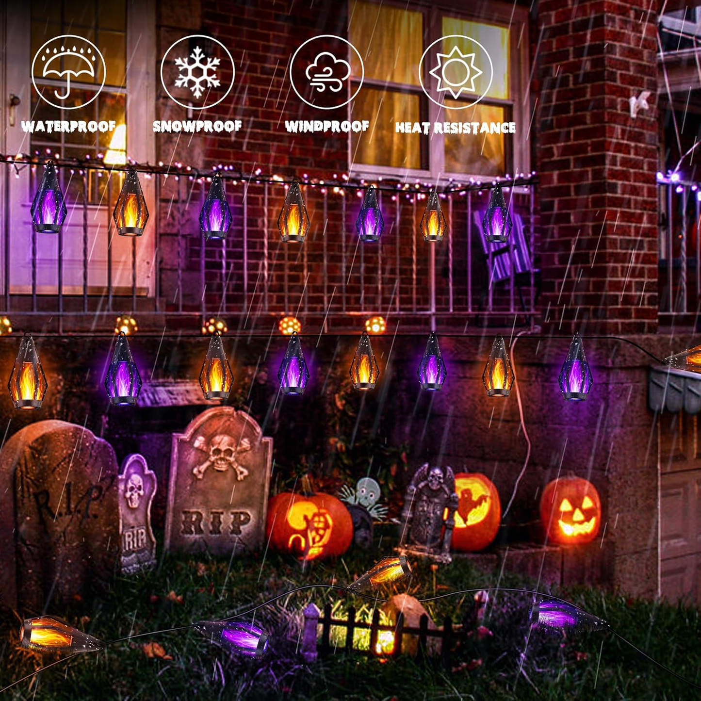 Guirnalda solar LED Halloween con efecto llama – 12,3 m impermeable exterior