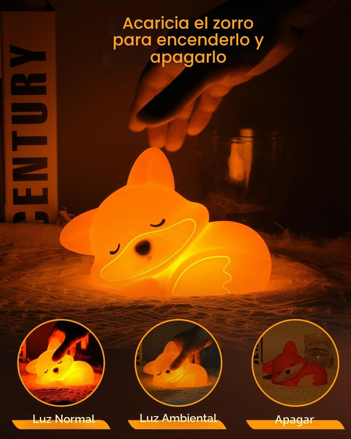 Luz nocturna infantil de silicona con forma de zorro – Táctil, regulable y con temporizador