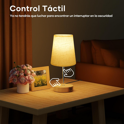 Lámpara de mesilla táctil con puertos USB-A y USB-C pantalla lino beige bombilla incluida
