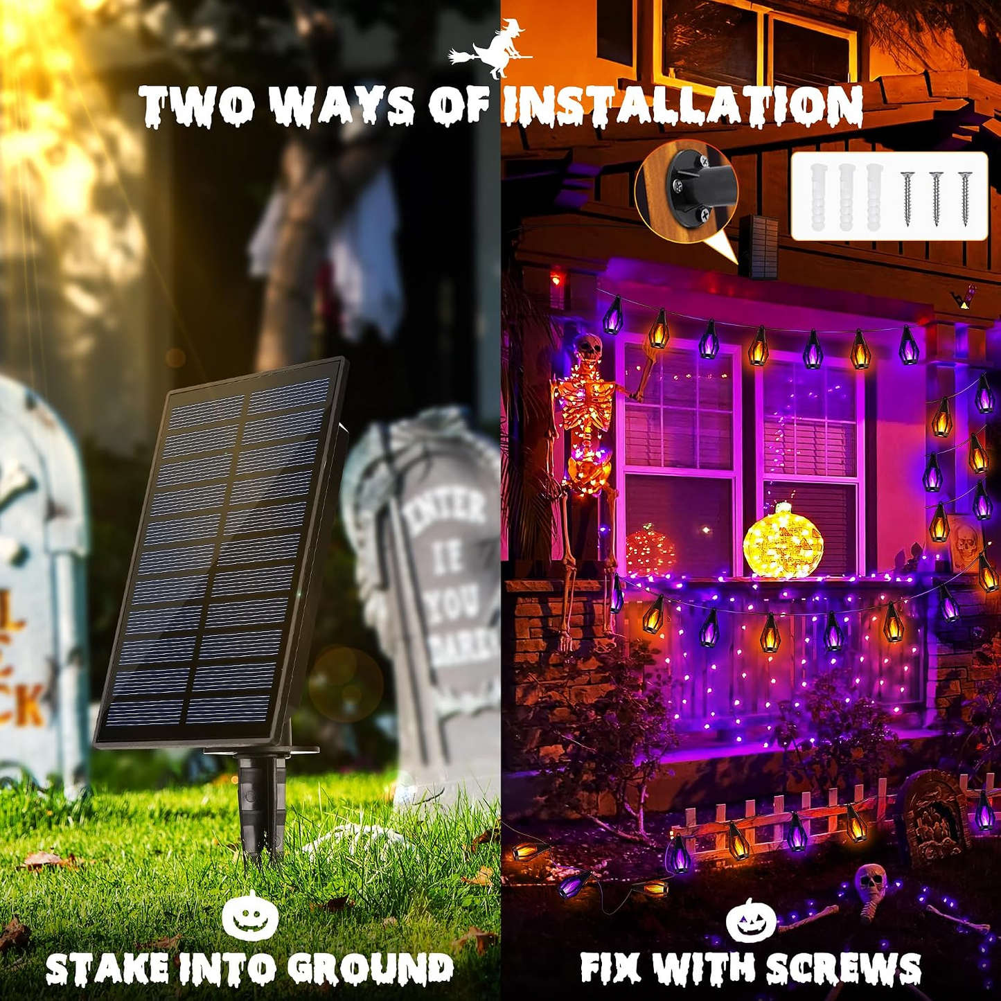Guirnalda solar LED Halloween con efecto llama – 12,3 m impermeable exterior