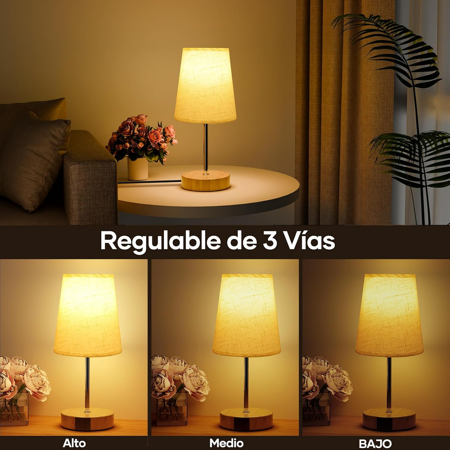 Lámpara de mesilla táctil con puertos USB-A y USB-C pantalla lino beige bombilla incluida
