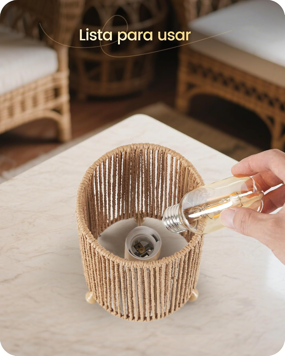 Set de 2 lámparas de mesilla boho rattan natural con pantalla negra y bombilla LED incluida
