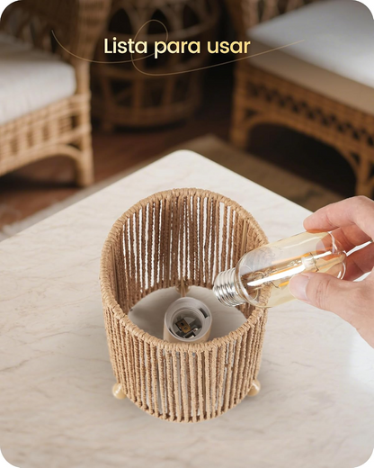 Set de 2 lámparas de mesilla boho rattan natural con pantalla negra y bombilla LED incluida