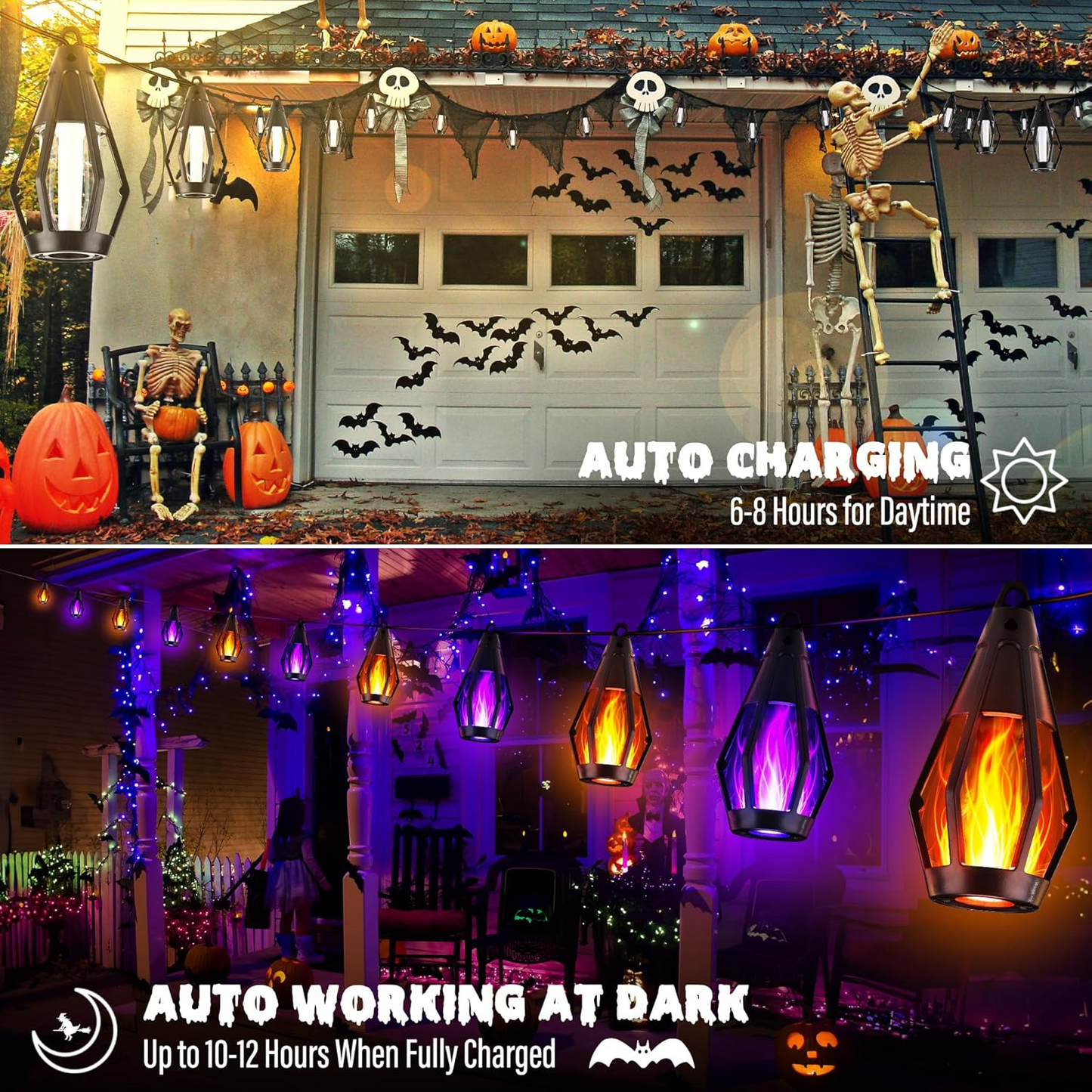 Guirnalda solar LED Halloween con efecto llama – 12,3 m impermeable exterior