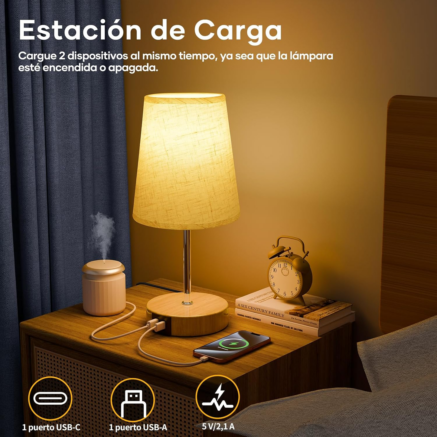 Lámpara de mesilla táctil con puertos USB-A y USB-C pantalla lino beige bombilla incluida