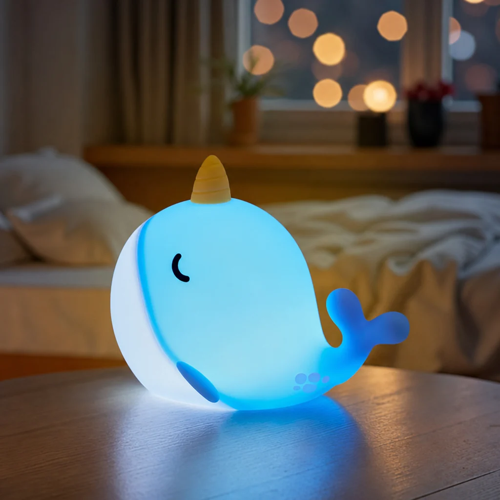 Luz nocturna infantil narval de silicona 7 colores táctil y recargable