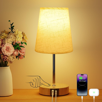 Lámpara de mesilla táctil con puertos USB-A y USB-C pantalla lino beige bombilla incluida