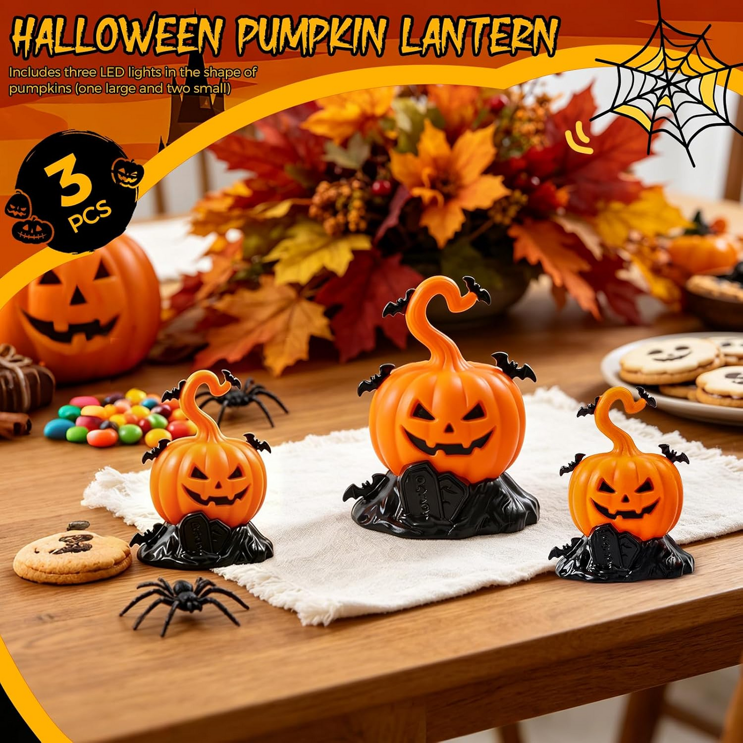 Linternas LED de calabaza Halloween – Set de 3 piezas